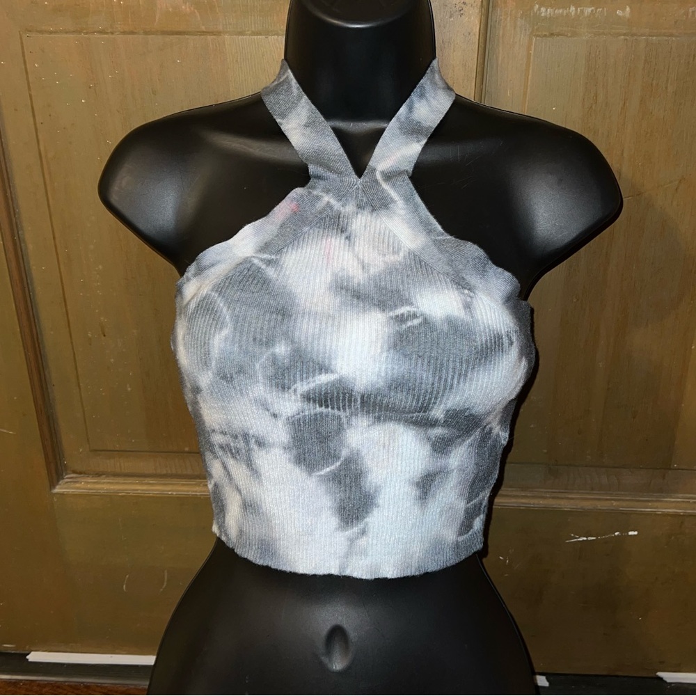 Kendall & Kylie Acid Wash Crossover Halter Neck Knit Crop Top Size S